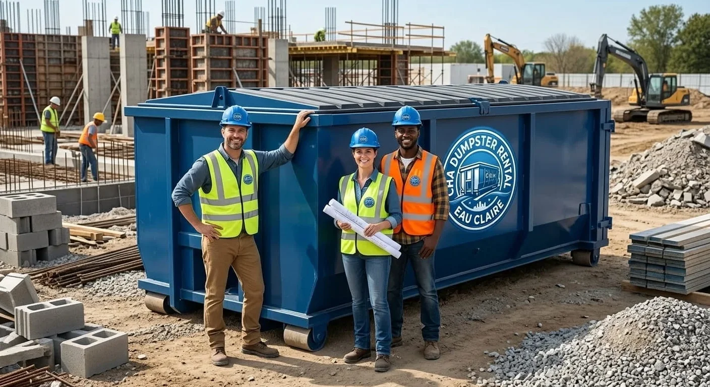 Meet the CHA Dumpster Rental Eau Claire Team The CHA Dumpster Rental Eau Claire onsite crew standing together at a job site